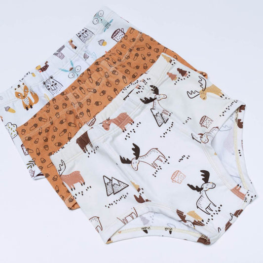 Forest Briefs Pack—a set of three classic, organic cotton underwear for boys