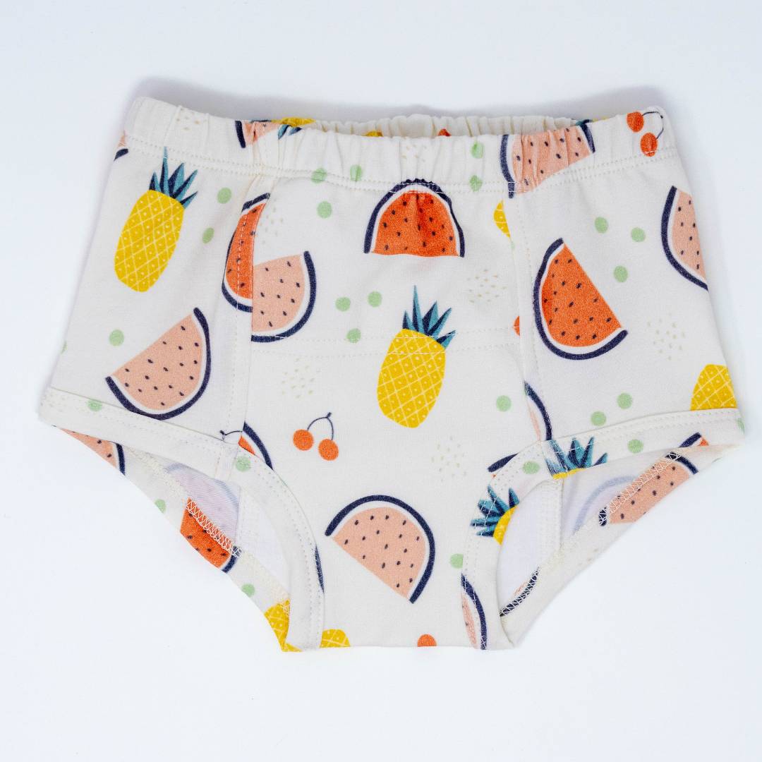 Organic cotton potty training underwear featuring sunny fruits