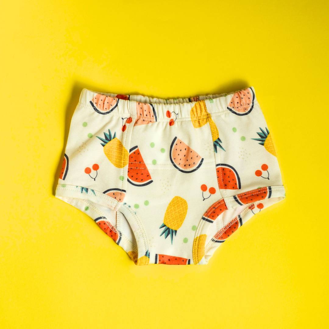 Organic cotton potty training underwear featuring sunny fruits