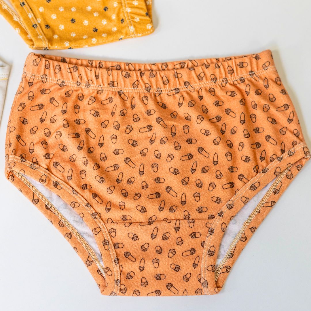 "Back-to-School Pack"—a set of three organic cotton undies for girls, perfect for the school year. Featuring a mix of versatile solid colors and a fun acorn print, this collection offers a blend of style, comfort, and durability for daily wear.

