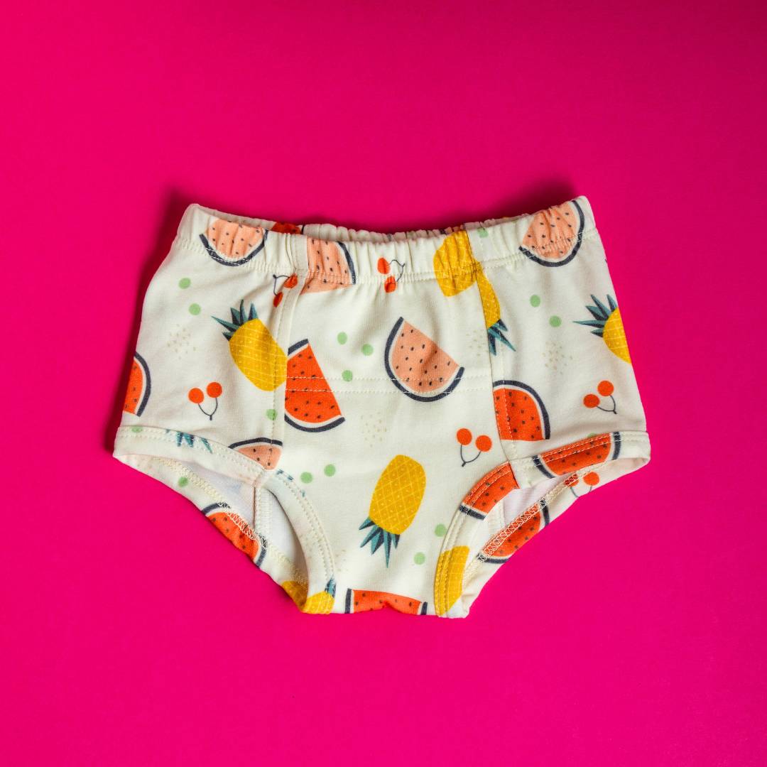 Organic cotton potty training underwear featuring sunny fruits