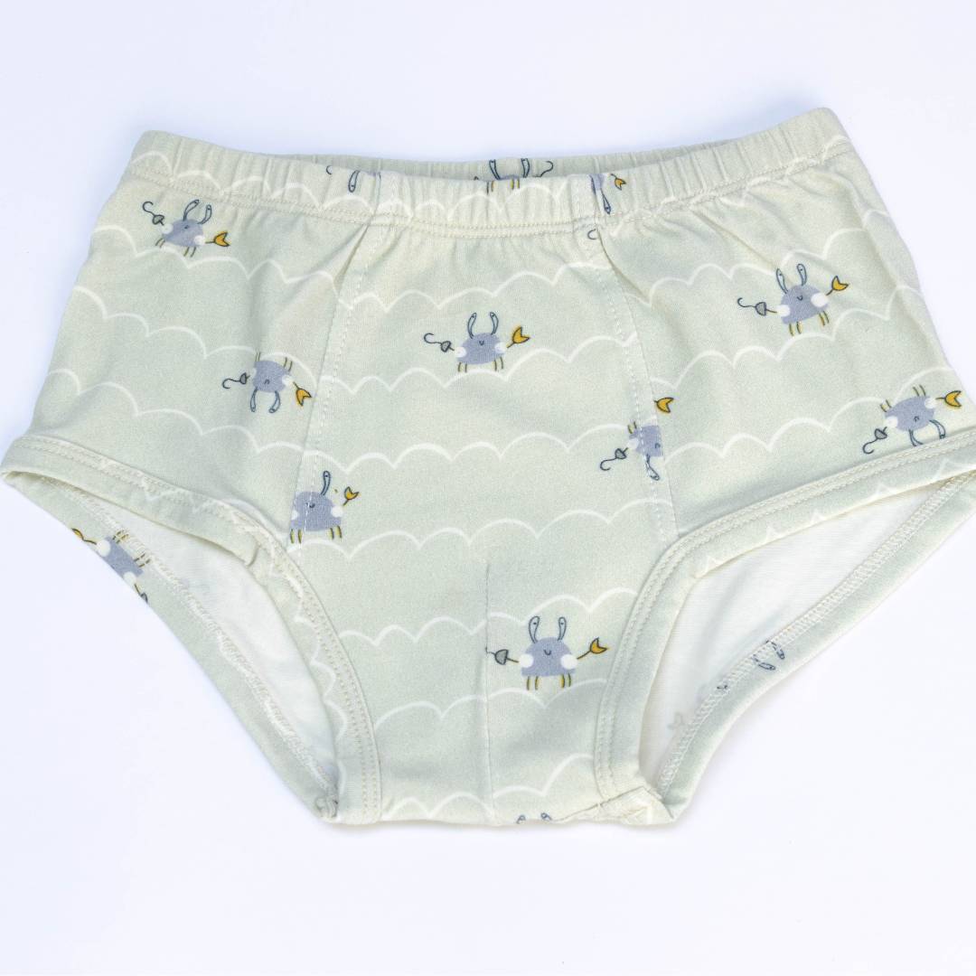 A set of two organic cotton underwear for boys featuring whimsical ocean-themed prints of playful crabs and a fearless pirate octopus.