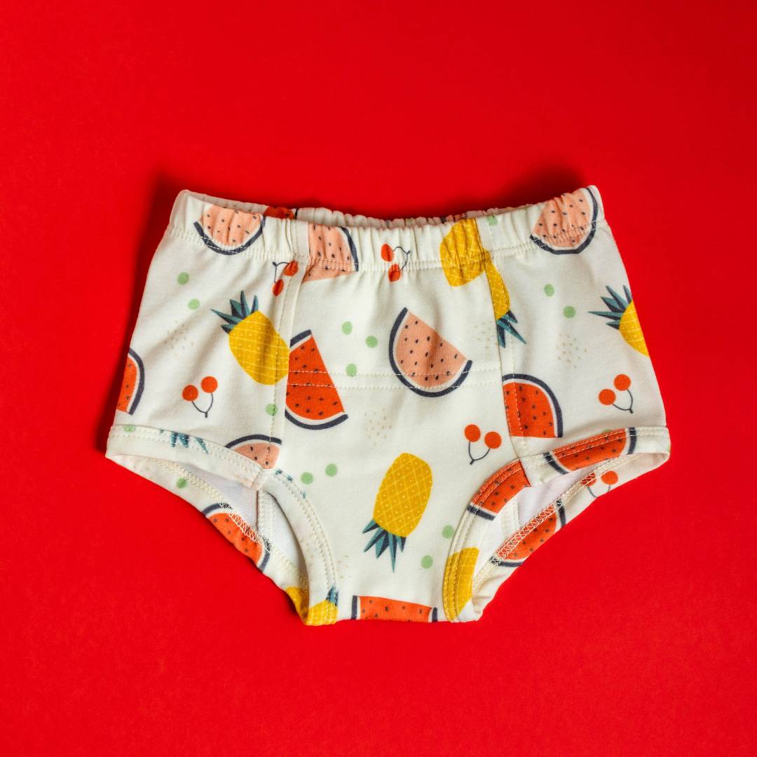 Organic cotton potty training underwear featuring sunny fruits