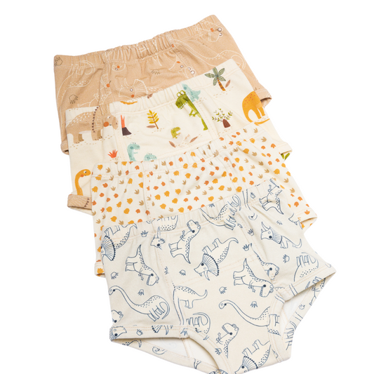 Our organic cotton Bundle of Dinosaur potty training underpants (4 pack) – the ultimate solution to transition from diapers to a non-toxic big kid underwear! 